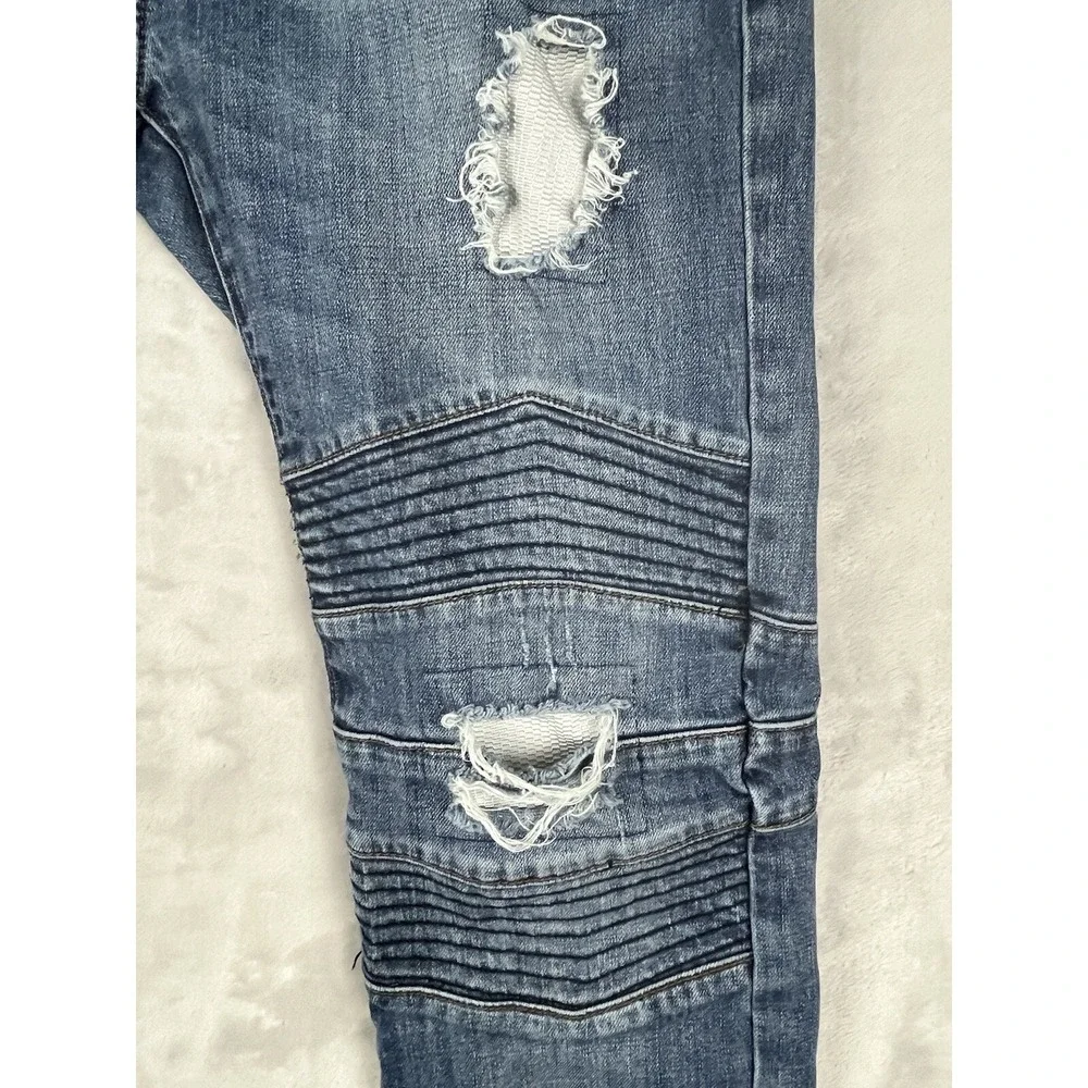 RSQ Jeans Men 31x32 Blue Wash Denim London Skinny Stretch Distressed Rip Biker